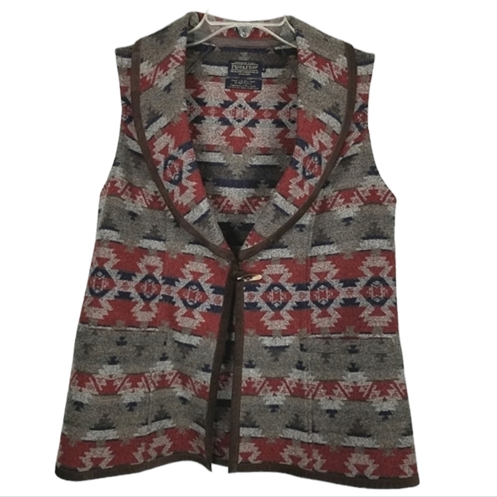 Pendleton Woolen Mills Southwest Aztec Vest Wool Geometric Suede Mens Size Small